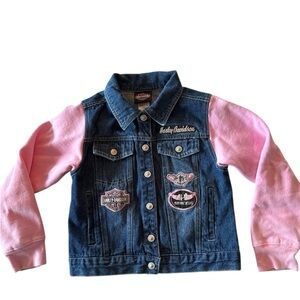 Harley Davidson Girls Denim Jacket Pink Mixed Media Varsity Patches 7/8